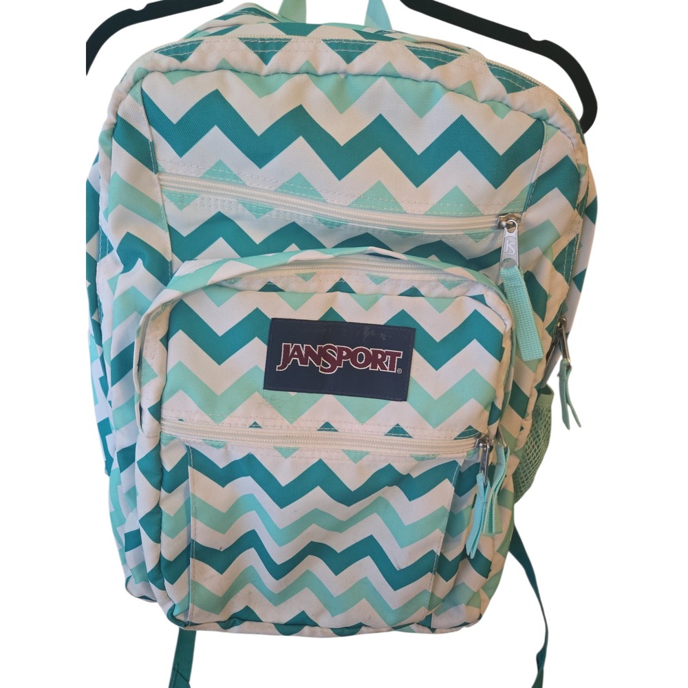 Jansport Backpack Teal Mint White Chevron Zig Zag Print Pockets School‎ Travel